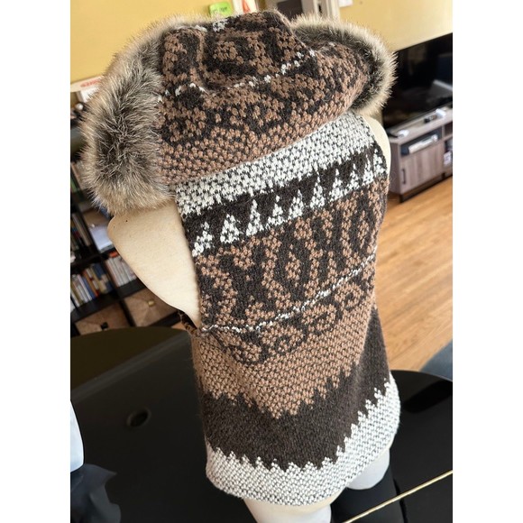 RARE Vtg ZARA Nordic Hooded Fur Trim Asymmetrical Toggle Buckle Sweater Vest S - Picture 8 of 12